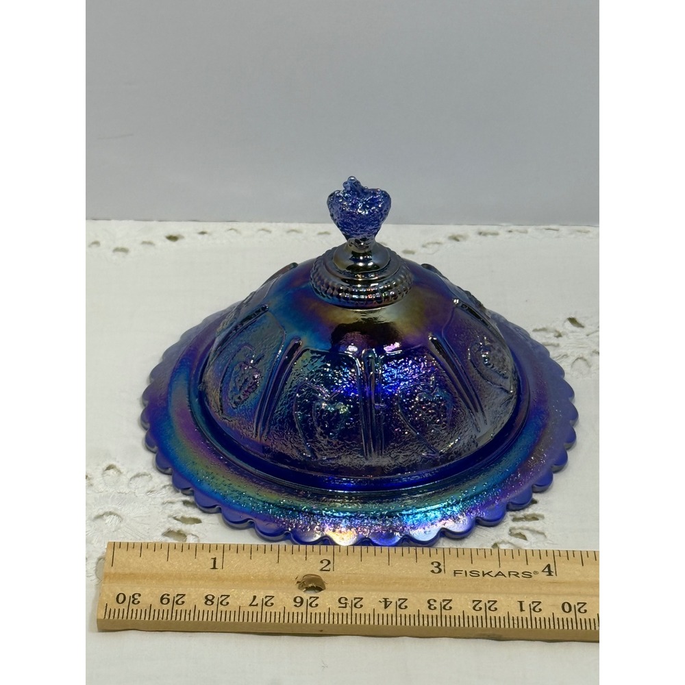 Boyd Blue Carnival Glass Small Butter Dish Strawberry Pattern Iridescent B Stamp - Picture 4 of 5